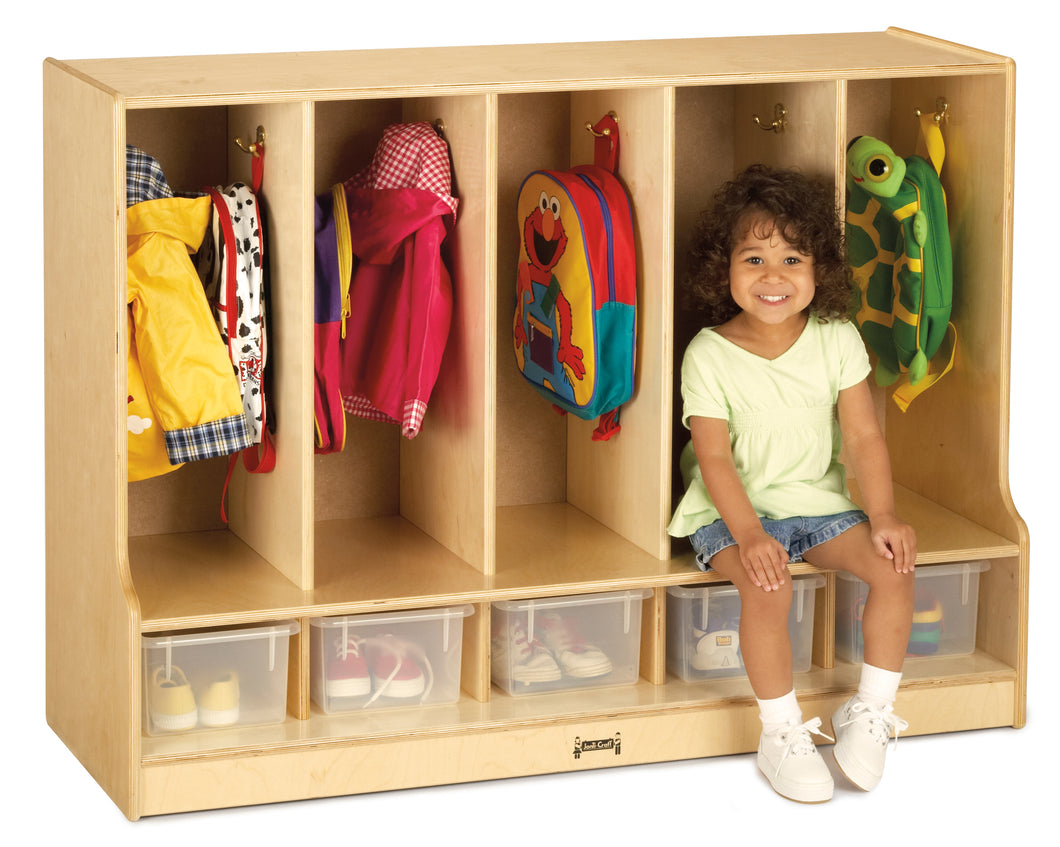 Jonti-Craft® Toddler 5 Section Coat Locker with Step - with Clear Cubbie-Trays - MMEE Distributors