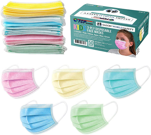 Kids Face Masks 50 Pk 3-Ply Protective PPE (5 Colors, 10 Each) - MMEE Distributors